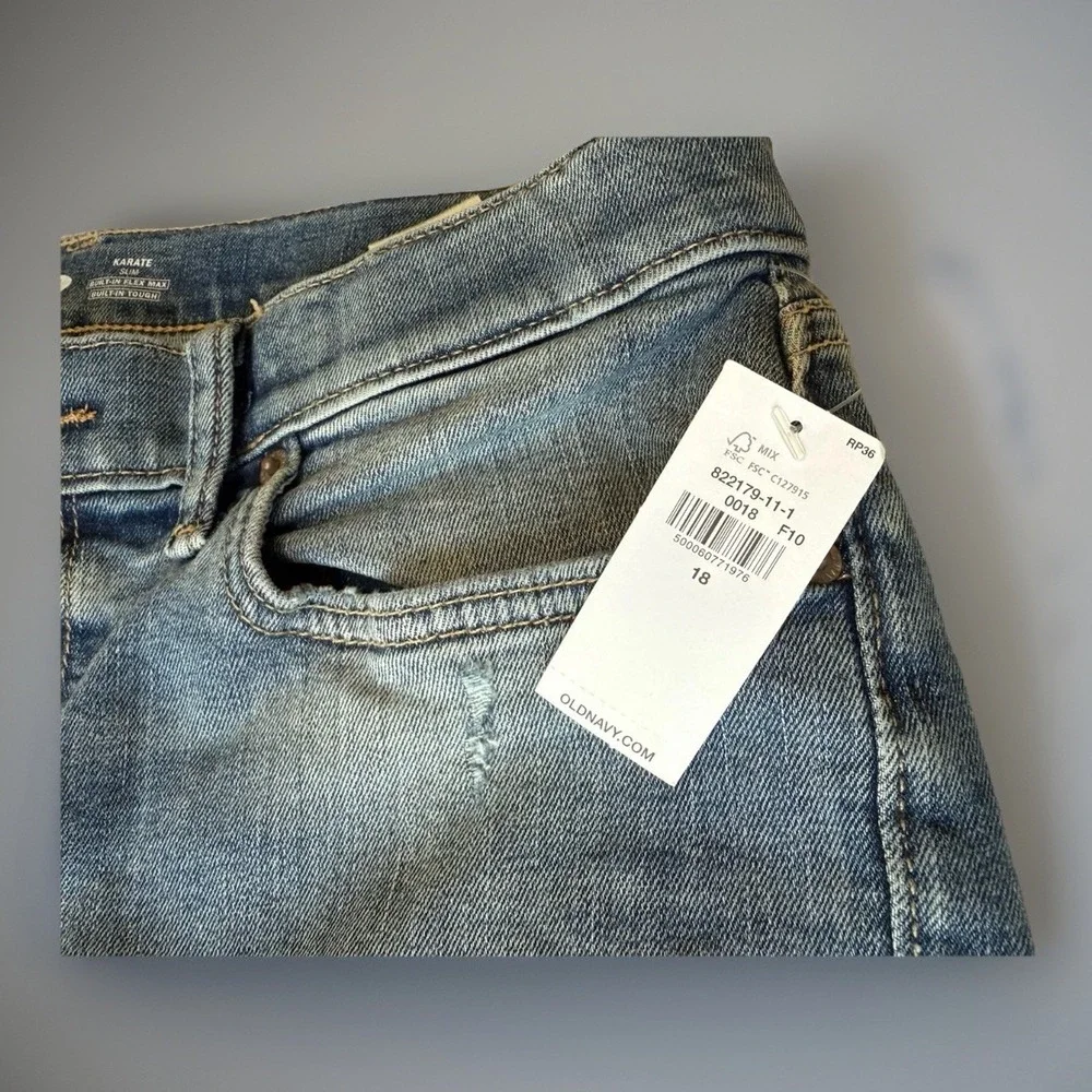 NWT Old Navy Karate‎ Slim Built In Flex Rip And Repair Patch Jeans Boys Sz. 18